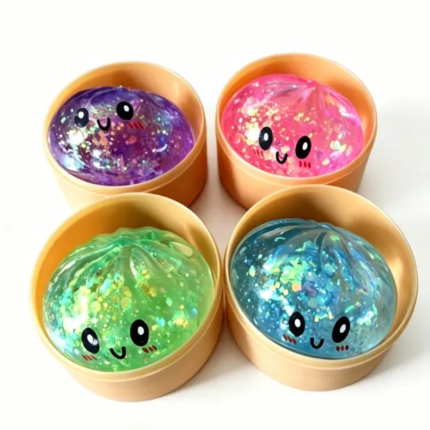 Squishy bao pailleté mini anti-stress dans son panier vapeur