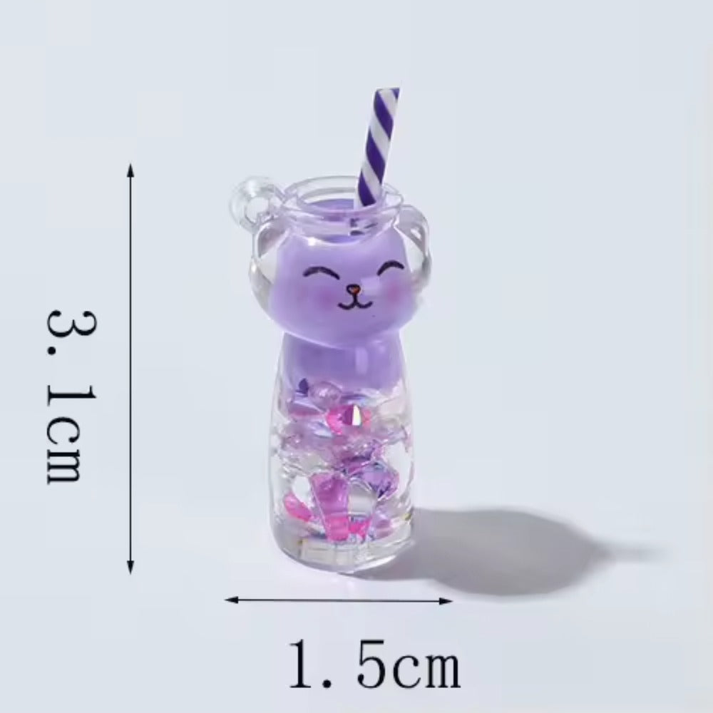 Porte-clés chat boba violet en résine translucide, 3,1 cm de haut et 1,5 cm de large, avec paille rayée