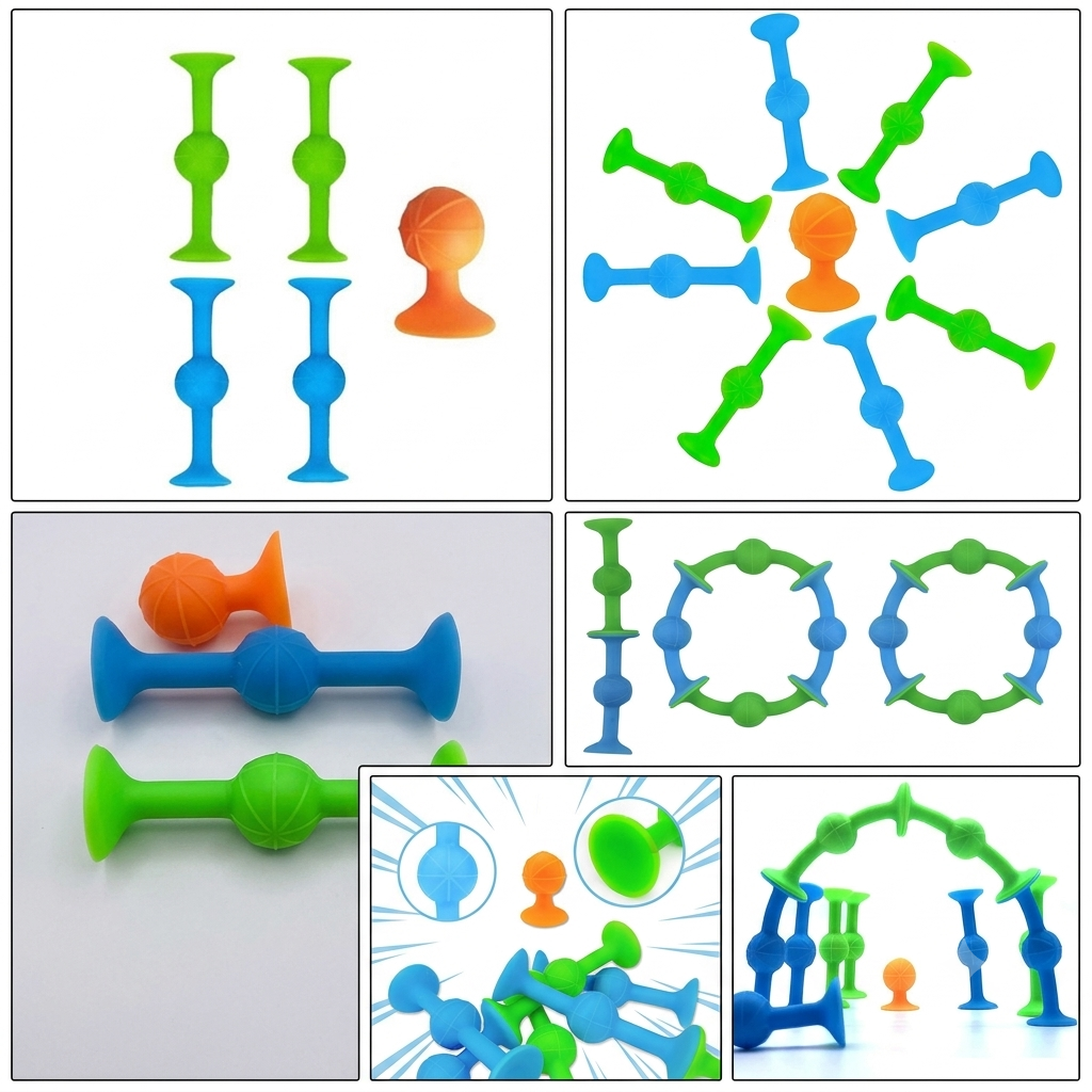Vue d'ensemble des fléchettes ventouses souples et des figures que l'on peut assembler