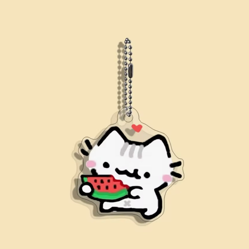 Porte-clés chat rigolo en acrylique, chat croquant une tranche de pastèque