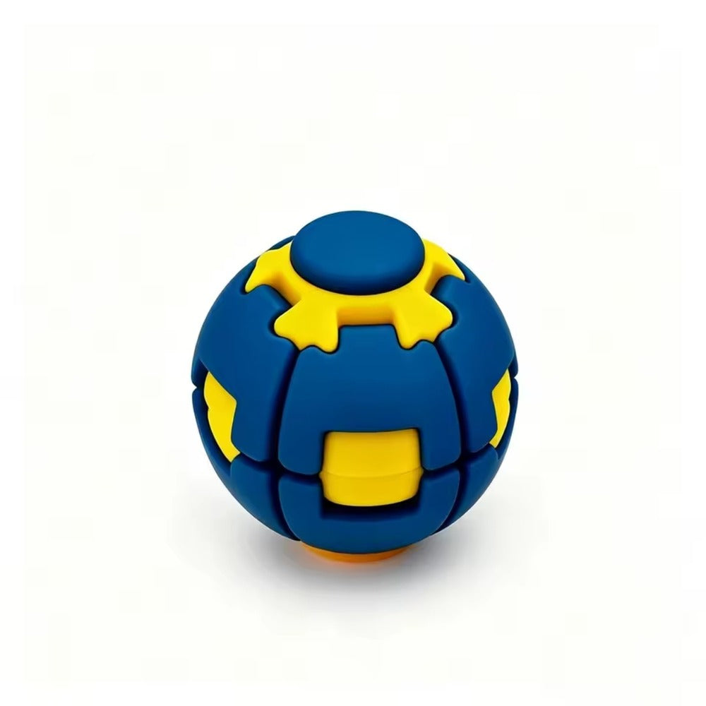 Balle toupie bleue et jaune, en forme de balle sur fond blanc