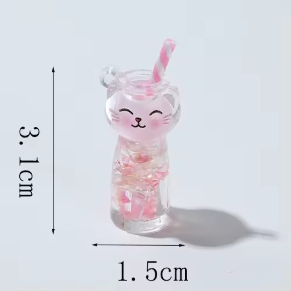 Porte-clés chat boba rose en résine translucide, 3,1 cm de haut et 1,5 cm de large, avec paille rayée